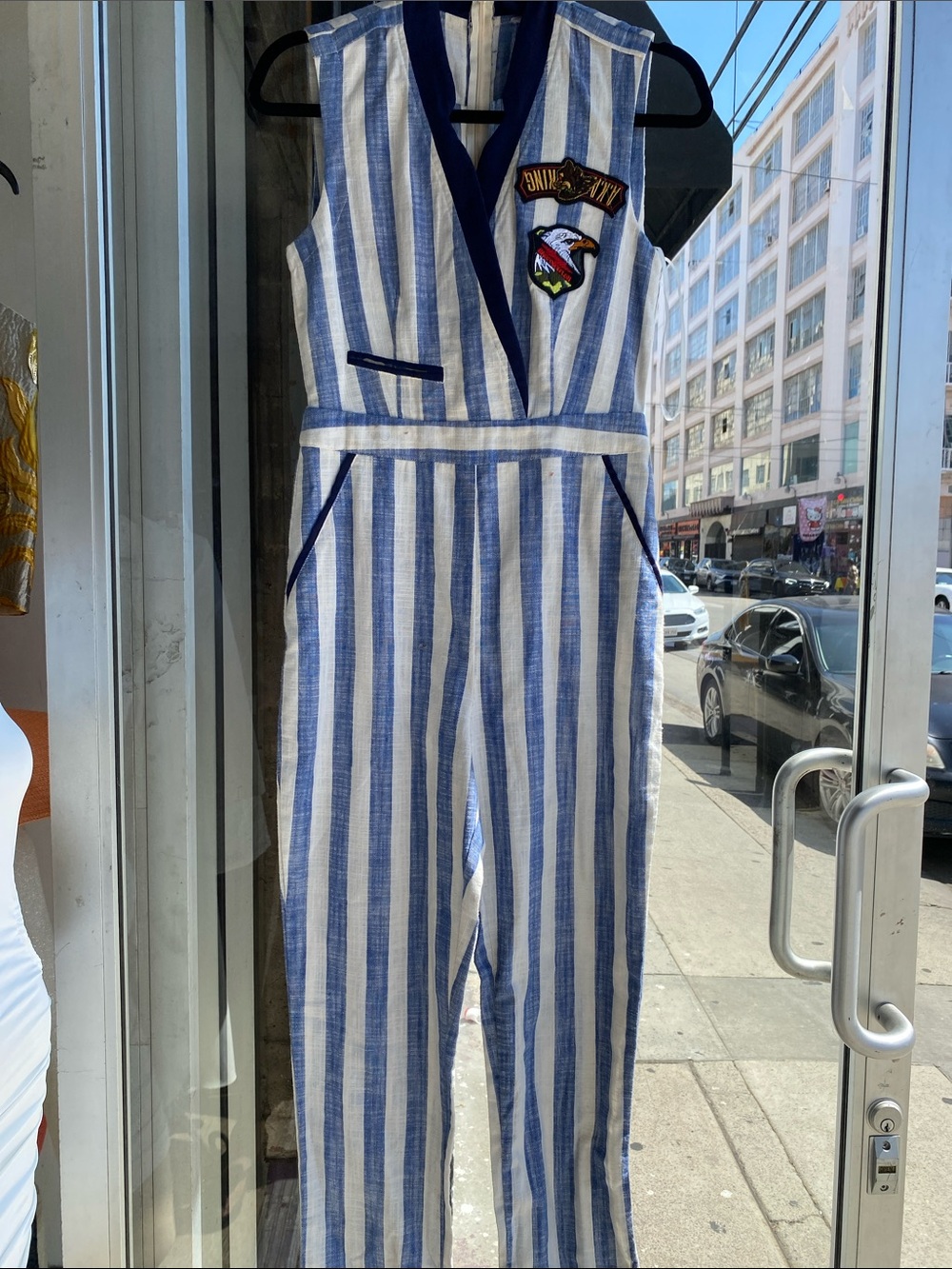 Sleeveless Blue & White Striped V-Neck Jumpsuit